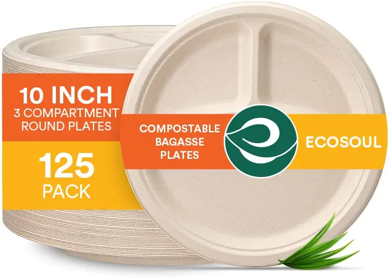 ECO SOUL [10&#34;, 125-Pack, 3-Compartment |(PFAS-Free)| Compostable Bagasse Round Plates| Disposable Eco-Friendly Biodegradable Dinner Plates | Party, Wedding, Event Plates