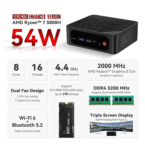 Image of Beelink Mini PC SER5 MAX, AMD Ryzen 7 5800H(8C /16T,up to 4.4 GHz),Mini Computer 16GB DDR4 RAM 500GB M.2 SSD Graphics 8 core 2000 MHz Wifi6 /BT5.2 /HDMI+DP+Type-C,Support Three-Screen Display