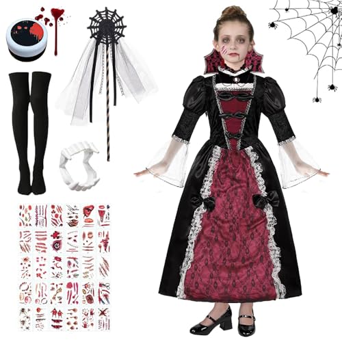 RURIZHONGTIAN Disfraz Halloween Vampiro Niña, Disfraz Vampiresa Niña, Vestido Gótico de Vampiro con Collar, Disfraces Vampira Criança, para Carnaval, Fiesta Temática Cosplay (7 8)