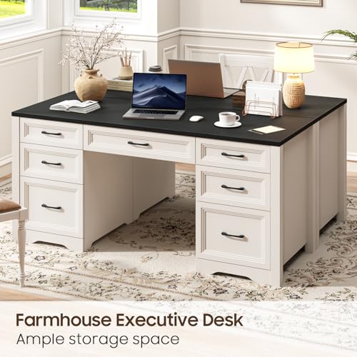 Image of Vabches Farmhouse Executive Desk, Wood Home Office Desk with 2 Large File Drawers and 5 Storage Cabinets, Rustic Writing Desk for Work and Study, Black
