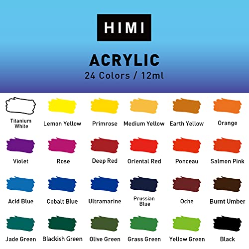 Himi Acrylic Paint Set (24 Colors Acrylic Paint 12Ml + 5Pcs Paint Brush + 2 Pencils + 1 Paint Refill + 1 Paper Materials + 1 Palette + 1 Eraser + 2 Desktop Bucket)，Non Toxic Acrylic Paint Set For Artistbeginner #TOP2