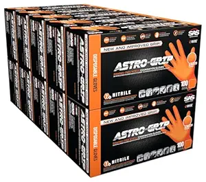 SAS Astro-Grip Powder-Free Exam Grade Nitrile Disposable Gloves - 10 Boxes / 100 Each. 1000 Gloves Total. XL, Orange, 7 Mil. Chemical and Puncture Resistant. Single-Use (66474)
