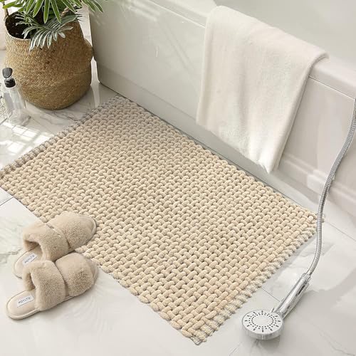 Image of SANMARINO Non Slip Chenille Bath Mat, Extra Soft Bathroom Mat, Super Absorbent Fluffy Bath Mats for Bathroom, Machine-Washable Quick Dry Bath Rug Foot Mat, 16 inchx24 inch, Beige