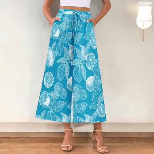 Womens Boho Floral Wide Leg Pants Casual High Waisted Drawstring Work Trousers Summer Vacation Pants with Pockets2