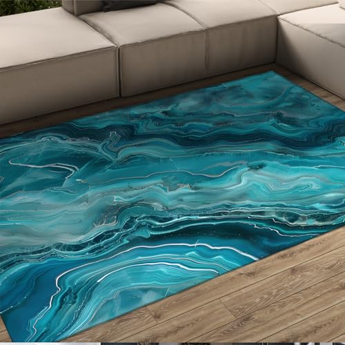 Tapis lavable en machine bleu et marbre abstrait avec envers caoutchouc - 2