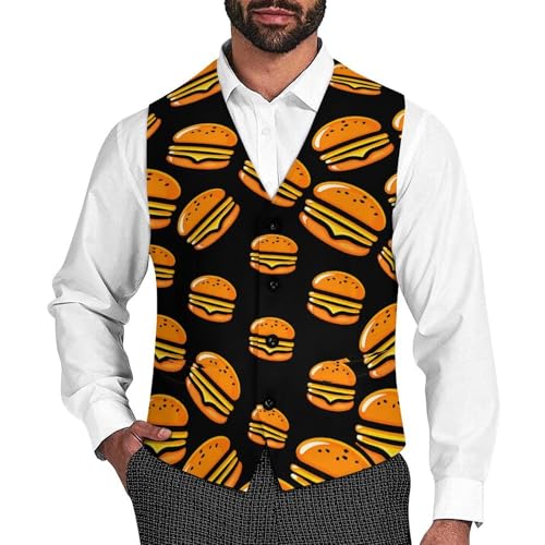 Hamburger Suit Vest for Men Waistcoat Dressy V Neck Button Down Sleeveless Business Jacket Coat