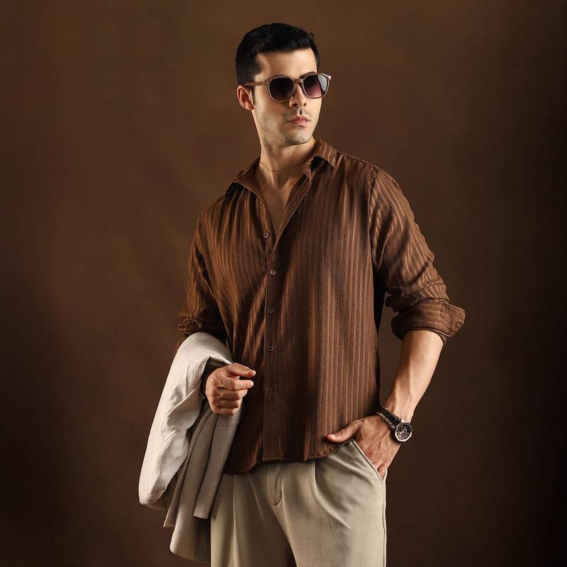 Image of CAHOOT Men Chocolate Brown Ripple Trough Shirt for Casual Wear Mid Rise Regular Fit Button Closure Crafted with Comfort Everyday