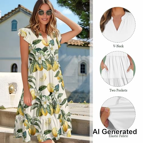 Image of Womens Summer Dress Ruffle Sleeve V Neck Dress Casual Fit Flowy Beach Vacation Sundress with Pocket S-2XL