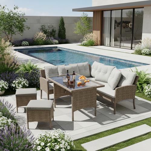 Yihomfy Salon de Jardin Exterieur 7 Personnes en Poly Rotin avec Table Coussin en Verre Trempé,...