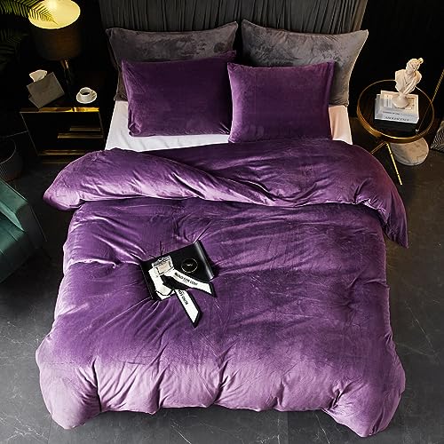 Ivellow Velvet Flannel Duvet Cover Set King Size Purple Duvet Ultra Soft Breathable Cozy Velour Luxury Bedding Set Zipper Closure Corner Ties