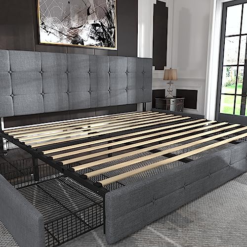 Allewie Upholstered King Size Platform Bed Frame With 4 Storage Drawers And Headboard, Square Stitched Button Tufted, Mattress Foundation With Wooden Slats Support, No Box Spring Needed, Light Grey #TOP7