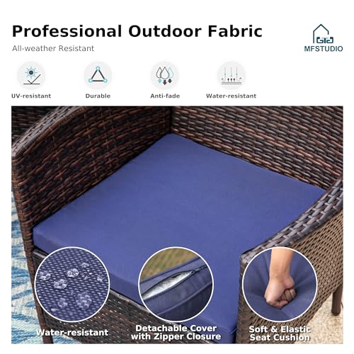 Image of MFSTUDIO Patio Wicker Chair Sets of 8, Outdoor Patio Rattan Sofa Dining Chairs Set of 8 with Navy Removable Cushions, Armrests and Metal Frame, 330lbs, Backyard, Porch