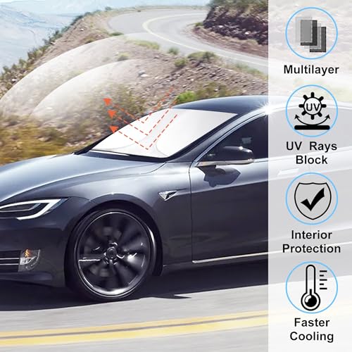 Image of Windshield Sun Shade Custom Fit 2012-2024 2025 2026 Tesla Model S Accessories (Fit Long Range /LR Model) Foldable Sunshade Sun Blocker Visor Protector