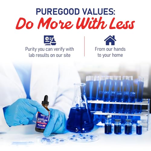 Image of PureGood Glass 2 Pack Pharmaceutical-Grade Methylene Blue 1% Solution (60 mL), USP-Grade, Third-Party Tested, Formaldehyde & Alcohol-Free, Methylene Blue for Humans in Amber Dropper Bottles