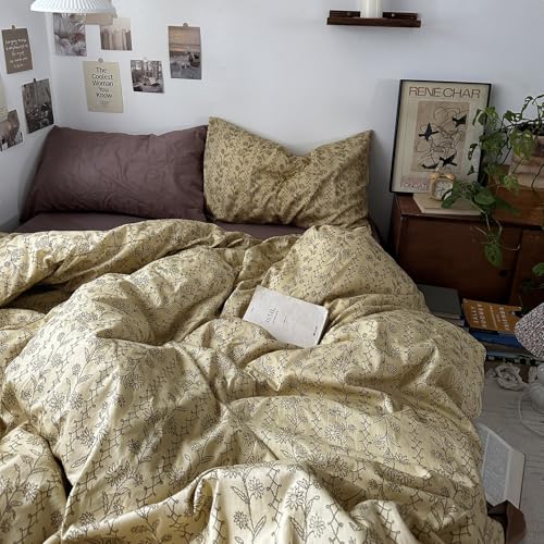Image of MKXI Beige & Brown Vintage Floral Duvet Cover Set Twin Size - 3 Piece Soft&Breathable Boho Bedding Set with Geometric Patterns, 100% Cotton Aesthetic Duvet Cover with Zipper Ties & Pillowcases