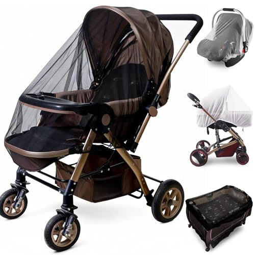 Image of Durable Baby Stroller Mosquito Net (2 Pack) - Universal Elastic Edge Mesh Cover for Bassinets, Cradles, Playards, Car Seats & Mini Cribs | Breathable Travel Essential Newborn Protection (Black+White)