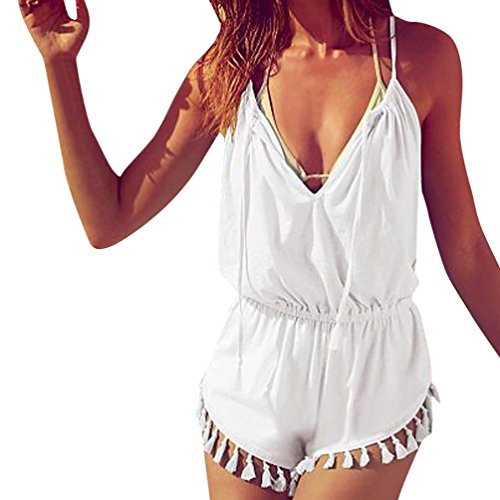 Mono Largo Mujeres JiaMeng Las Mujeres Atractivas de Verano con Cuello en v sólido de Cintura Alta Borla Cami Monos Mamelucos (S, Blanco)