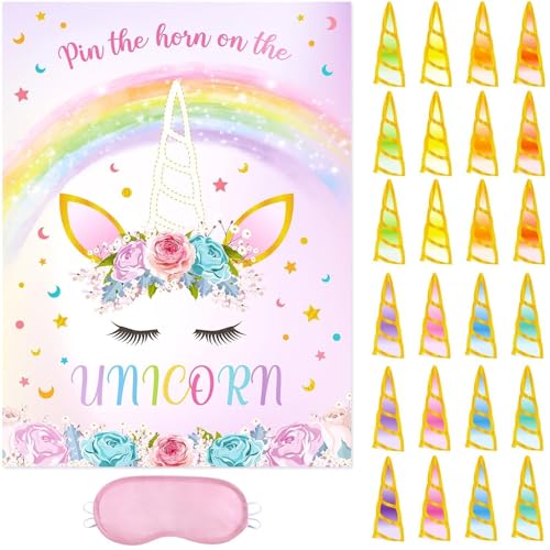 Image of WERNNSAI Pin The Horn on The Unicorn Rainbow Birthday Party Games for Kids | Unicorn Birthday Decorations,Pin The Tail on the Unicorn,28 inch x 21 inch Poster with 24 Stickers and Blindfold