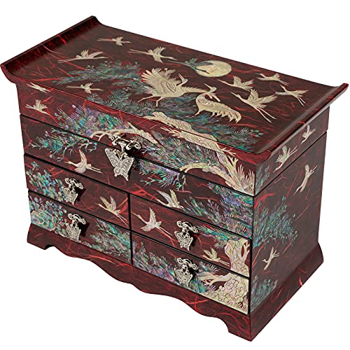 February Mountain Mother-of-Pearl Inlay Jewelry Box with Crane Design - Velvet Interior, Red Lacquer Finish, Elegant Gift for Women, Jewelry Organizer with Mirror - Handcrafted in Korea