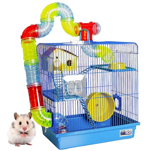 Gaiola Hamster Com Casa Completa 3 Andares Tubo Luxo Premium Grande Acessórios (Azul)