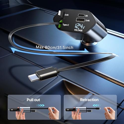 Image of BESTOR 120W 4-in-1 Retractable Car Charger with Dual Fast Charging Cables | USB-C + Lightning | 3A USB Port, 2.4A USB Port | LED Voltage Display | 12V /24V Universal Car Adapter