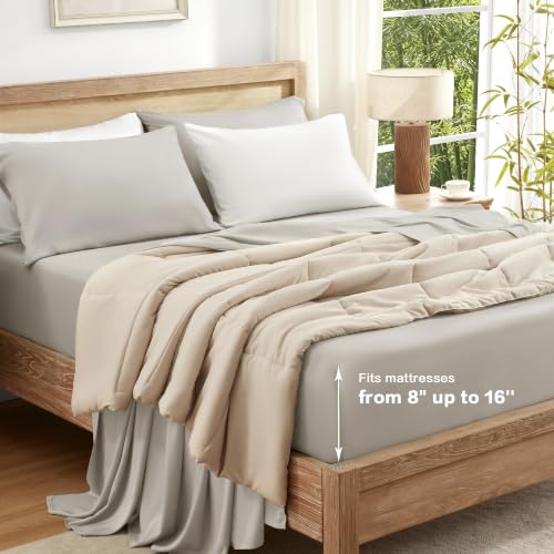 Image of Andency Sateen Sheets Set, 100% Viscose Derived from Bamboo, Hotel Luxury Silky & Cooling for Hot Sleepers, Deep Pocket Up to 16 inch, Grey Queen