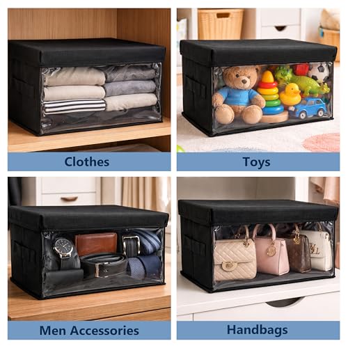 Image of JD Fresh Foldable Cloth Cover Storage Box With Lid /Wardrobe Clothes Organizer /Storage Basket /Space Saving Storage /Collapsible Clothes Organizer /Cupboard Storage Box for Shirts, Pants- Black Pack of 12