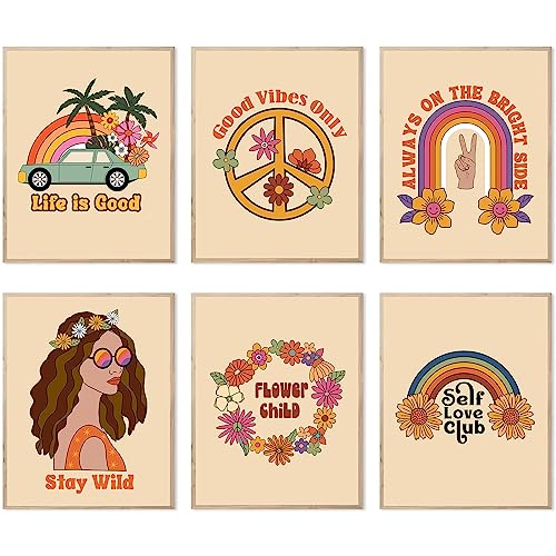 LBingbrother Set di stampe retrò hippie anni '60 e '70 con slogan motivazionali, decorazione per camera da letto, decorazione da parete estetica vintage, poster Boho vintage Groovy Decor (stile B,