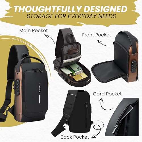 Image of OCEANEVO Stylish Anti Theft Crossbody Sling Bag for Men WITH Luggage Tag, Chest Bag for Travel WITH Lock and USB Charging Port