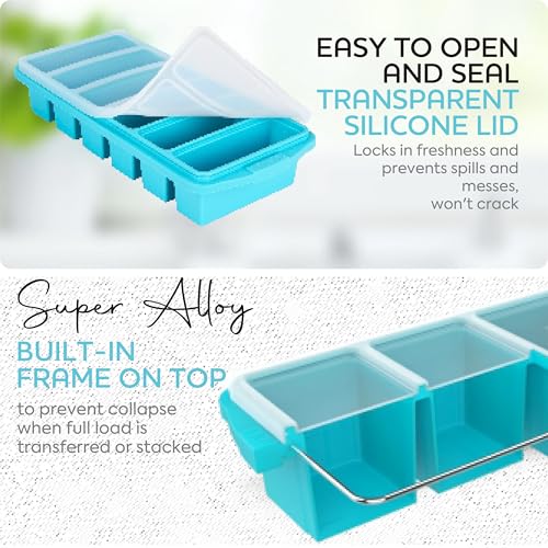 Image of Silicone Freezer Tray With Lid-Soup Freezer Container molds-Large Ice Cube Tray Set Makes 1-Cup & 1 /2-Cup portions cubes Perfect for preparing meals in different portion sizes Oven & Dishwasher -Safe