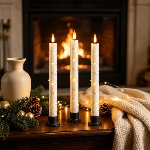 Image of Da by 3 Pack Ivory Heat Resistant Flameless Taper Candles, Cross Surrounding Fairy String Lights, Realistic Dynamic Flame LED Candles with Remote Control for Indoor Outdoor Decor