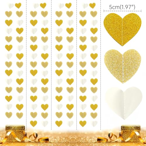 Image of White-Gold Champagne Party-Decorations Graduation Heart Garland Streamers - 39Ft Bachelorette Engagement Hanging Paper Banner, Bridal Baby Shower Wedding Birthday Decor Party Supplies