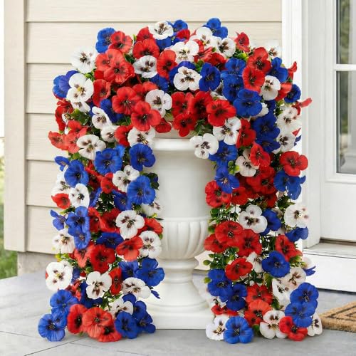 YAOLMSSY Artificial Pansies Flowers for Outdoors 2 Pcs Faux Hanging Pansy UV Resistant Fake Plants for Outside Planter Porch Yard Patio Home Decor Red White Blue