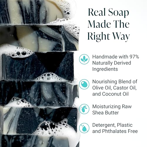 Image of Handmade Soap, All Natural Soap for Women & Men, Hand, Bath & Body Natural Bar Soap, Vegan, Palm Oil Free, Made in USA with Shea Butter + Essential Oils, Charcoal Mud Tea Tree, 3 Bars