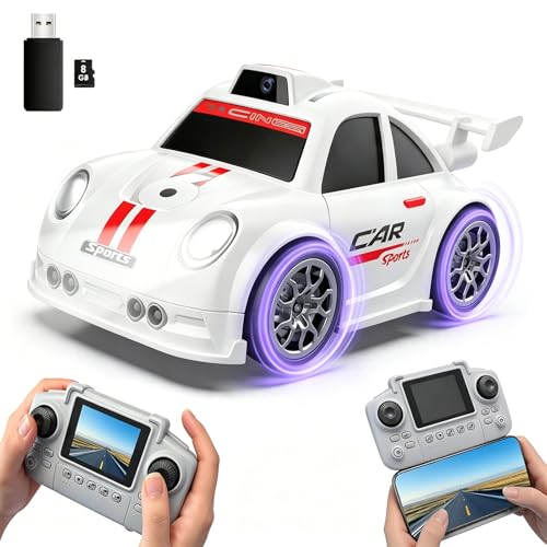 Cossify Mini Drift Auto, 1080p Inteligente AI Tracking Racing Vehículo de carreras con pantalla LCD de 2,4 pulgadas Control remoto, luz dinámica y efectos de sonido, regalos RC (blanco)