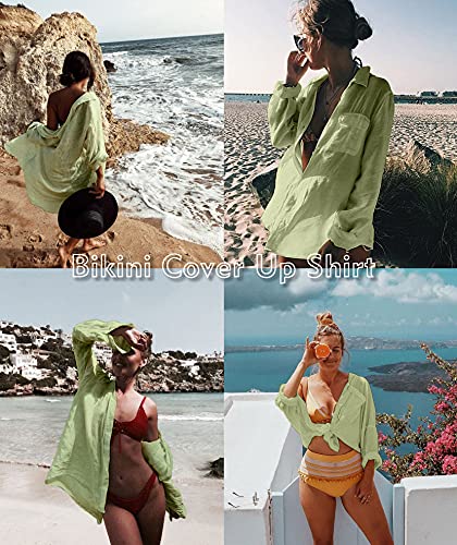 Image of Zoye Chen Women's Bikini Swimsuit Cover Up Button Down V Neck Shirts Long Sleeve Blouse Beachwear Bathing Suit