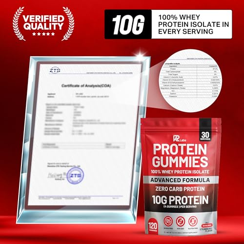 Image of Zero Carb 100% Pure Whey Isolate Protein Gummies | 300g Total Protein per Bag | 10g per Serving Plant Based with Vitamins for Men & Women | Gluten Free Non-GMO (Strawberry)