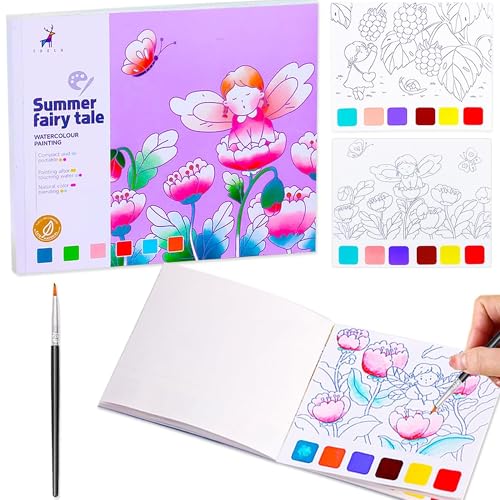 Image of Kidology Water Color Books for Kid, Painting Book with 20 Sheet, 1 Brush, Mini Watercolor Book, Educational Montessori Toy, Gift for Boys Girls, Art & Craft Travel Activity (Fairy Tale), Multicolor