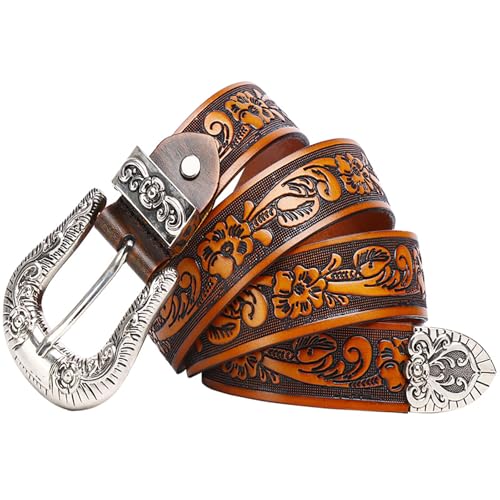 Western Floral Engraved Embossed Tooled Genuine Leather Belt, Vintage Distressed Punk Belt Cowboy Belts for Jeans Dresses