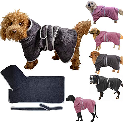 HOMELEVEL Hundebademantel Hundehandtuch - Handtuch für große und kleine Hunde - 100% Baumwolle - Bademantel weich bequem für Hund - mit Kapuze und Gürtel