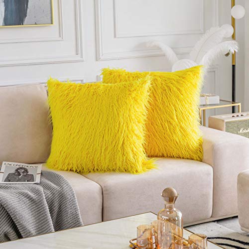 Home Brilliant Yellow Fur Spring Pillow Covers Furry Fuzzy Accent Throw Pillow Covers Decorative for Couch Sofa Bed Holiday Summer Decoration Girl Gift, Set of 2 (18 x 18 Inch, Yellow)