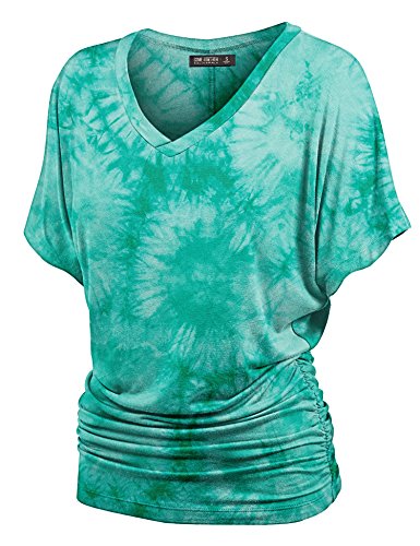 Lock and Love LL WT1114 Womens V Neck Short Sleeve Tie Dye Shirring