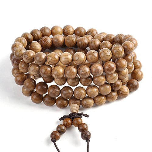 Top Plaza Unisex 108 Natural Wood 6mm 8mm Beads Bracelet Meditation Buddhist Rosary Mala Necklace (8mm Taxus chinensis)