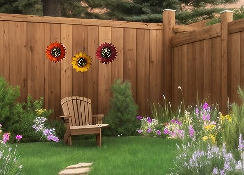SEASONSEASY Metal Sunflower Wall Decor Set of 3 Flowers with Wire Hangers for Indoor or Outdoor Use, 11.5" x 11.5" Orange, Yellow, Red - Image 6