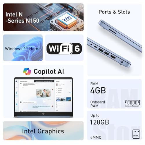 Image of HP 14 inch Student Laptop, Intel N150 (Up to 3.6GHz) Processor, 14-inch Micro-Edge Display, Blue, Wi-Fi 6, Webcam, SD Card Reader, Windows 11 Home, Bundle with PCO Cooler (Blue, 4GB RAM | 128GB eMMC)
