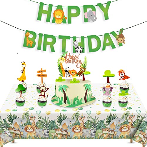 Dschungeltiere, Kunststoff-Tischdecke, 137 x 274 cm, Party-Tischdecken mit Zoo-Cupcake-Topper, Happy Birthday-Banner für Kinder, Jungen, Tiermotiv, Geburtstagsparty-Dekorationen, Babyparty Cover