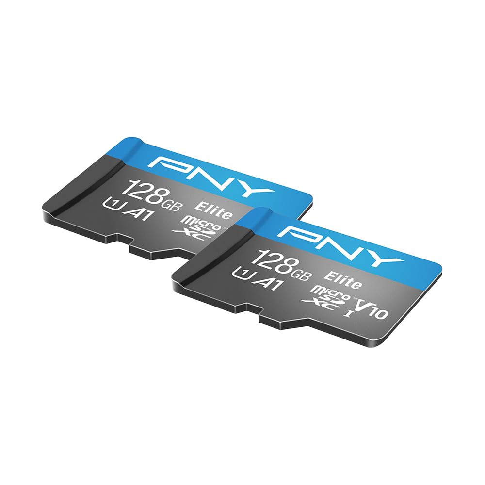 PNY Elite Lot de 2 Cartes mémoire Flash 128 Go Classe 10 U1 V10, A1 microSDXC pour appareils Mobiles – 100 Mo/s, Full HD, UHS-I, Micro SD