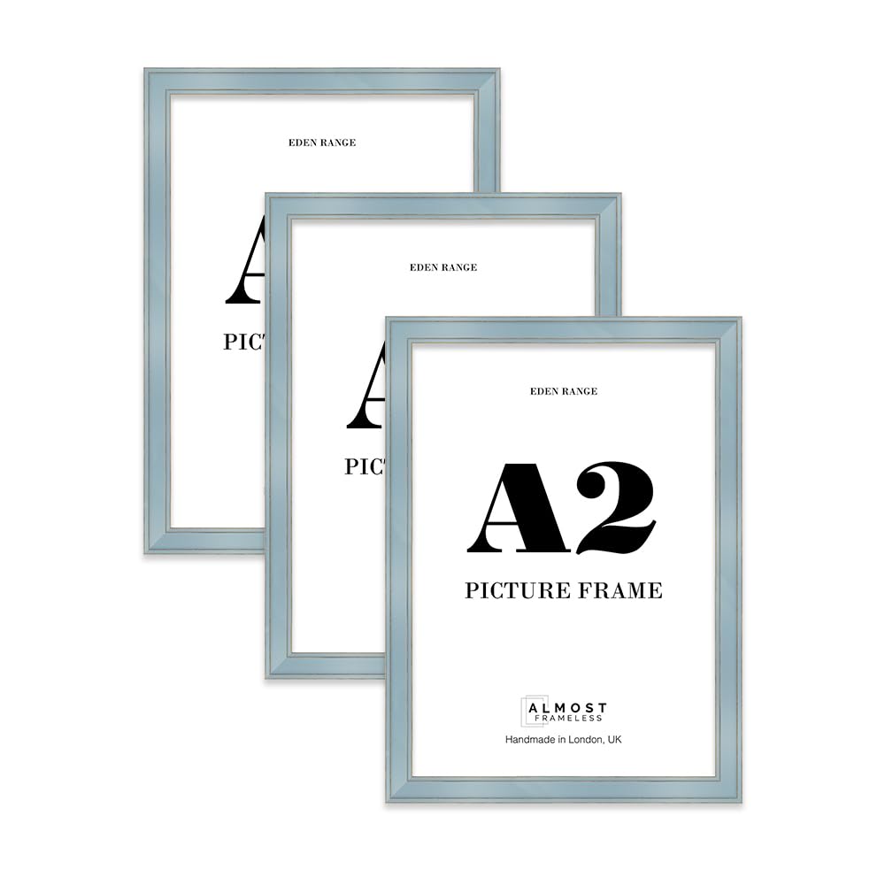 A2 Cornflower Blue Picture Frame - Shabby Chic Photo Frame with Distressed Finish, Gold Trim, Wall Hooks, 37mm Edge - 3 Pack โ image 1