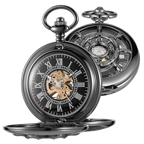 Image of Men's Mechanical Pocket Watch Black Rudder Pattern Double Open Hollow Roman Numerals Pocket Watch