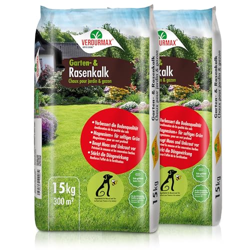 Verdurmax 2 x 15 kg Garten- und Rasenkalk - Moos & Unkraut entfernen - pH-Wert Optimierung - Kalkdünger mit Magnesium für sattes Grün - Verbessert Nährstoffaufnahme von Gras und Pflanzen